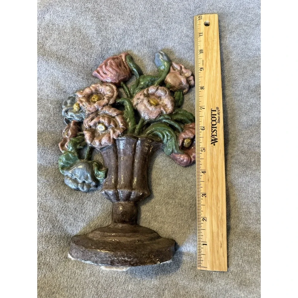 Antique HUBLEY? Cast Iron Door Stop Vase Urn Pink Blue Floral Arrangement 10